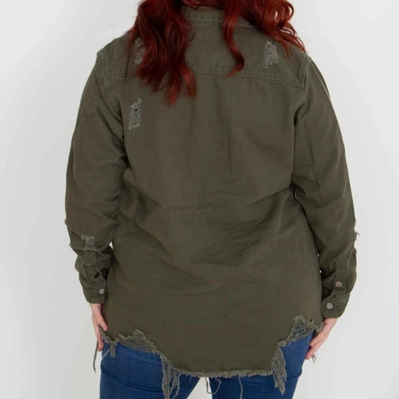 Distressed Denim Shacket Plus Size Olive - Picture 3 of 6